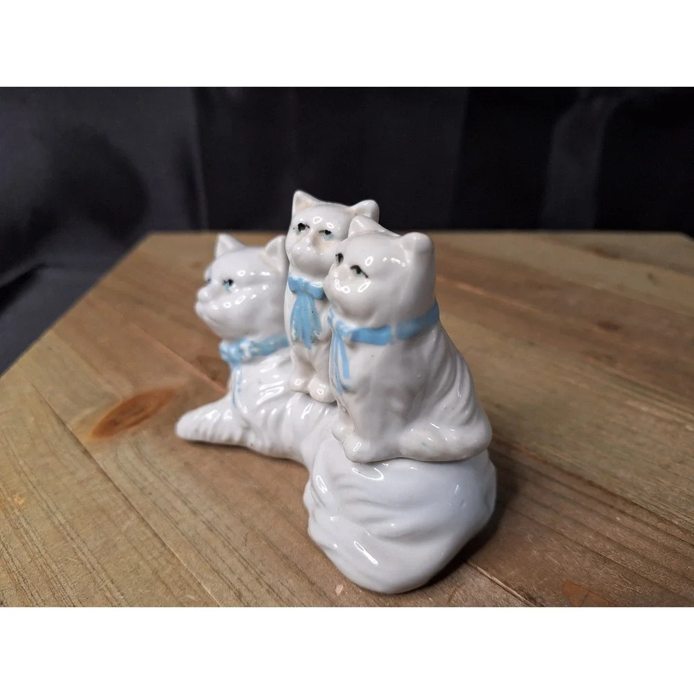 Vintage White Ceramic Cat Family Salt and Pepper Shaker Set Blue Bows 3 Piece